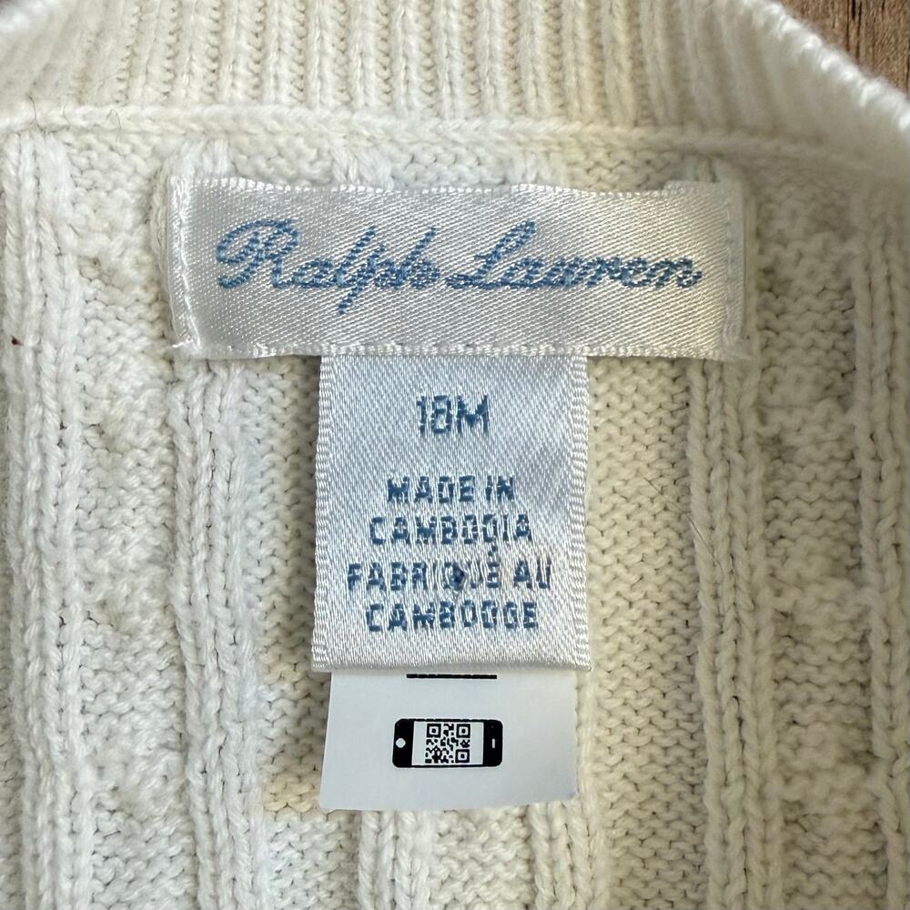 Ralph Lauren Mini-Cable 100% Cotton Cardigan Sweater Logo White Baby 18 Months - Picture 3 of 11